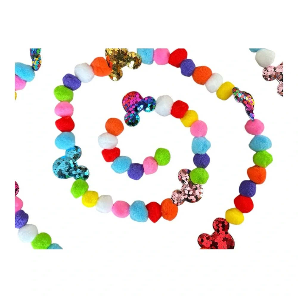 12 ft Disney Mickey Birthday Sequin Pom Pom Garland Handmade on black thread